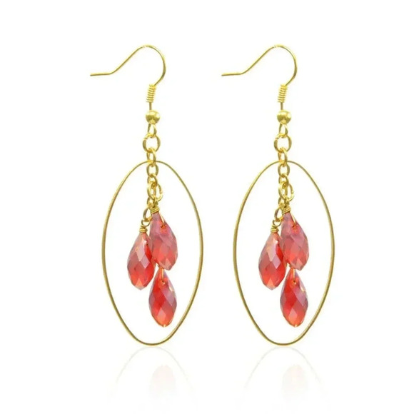 Handmade Red Crystal Briolette Wire Wrap Gold 14K Plated Dangle Earrings - Picture 1 of 2